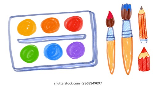 Felt pen vector illustrations collection of child drawings of art supplies brushes and paintbox