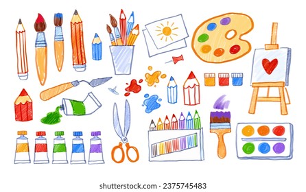 Felt pen vector illustrations collection of child drawings of art supplies