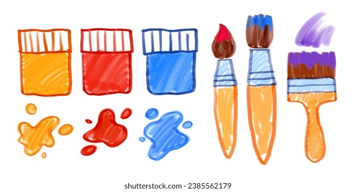 Felt pen vector illustrations collection of child drawings of art paints and brushes
