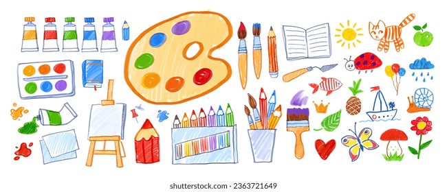 Felt pen vector illustrations set of child drawings of art supplies and doodles