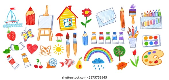 Felt pen vector illustrations set of child drawings of art supplies and doodles