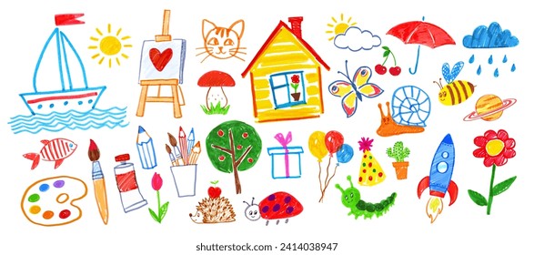 Felt pen vector illustrations set of child drawings. Art supplies, animals and nature