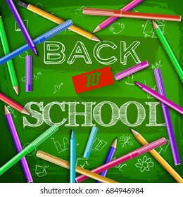 Felt pens and colorful pencils around hand drawn lettering back to school at green chalkboard vector illustration
