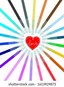 Felt pens for drawing folded in the shape of a heart. Set for creativity and drawing.