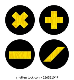 Felt tip marker yellow mathematical sign set on black circles. Web design or presentation element.