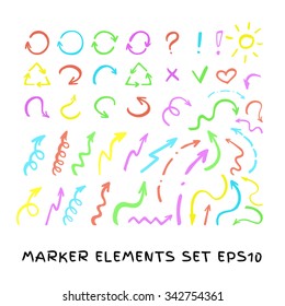 Felt tip pen arrows. Vector colorful transperancy highlighter elements collection. Set of hand drawn marker arrows.