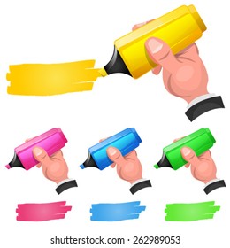 Felt Tip Pen Highlighting Discount Coupon/
Illustration of a set of cartoon man hands holding fluorescent highlighter felt tip pen in yellow, pink, and green, showing discount coupon code