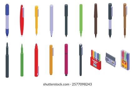 Felt tip pen icons set. Isometric set of colorful pens and markers provides a variety of instruments for writing, drawing, and artistic expression