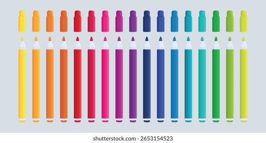 Conjunto de canetas de ponta feltro, Coleção de marcadores coloridos, Vetor de ferramentas de desenho de papelaria