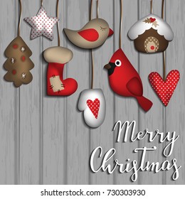 Felt toys on wooden background. Merry Christmas greeting card. Vector holiday illustration.