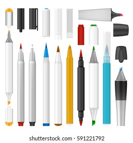 Felt-tip pen marker mockup set. Realistic illustration of 10 felt-tip pen marker mockup for web