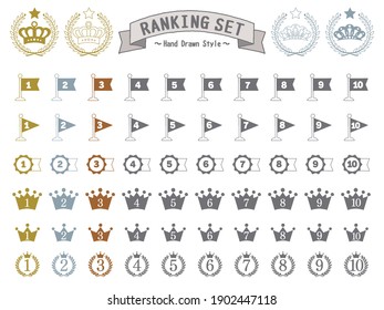 A felt-tip pen style hand-painted illustration set for ranking. Flags, medals, crowns and laurel wreaths. There is paint.