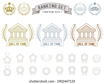 A felt-tip pen style hand-painted illustration set for ranking. Hall of fame with ribbon and laurel.