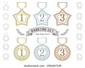 A felt-tip pen style hand-painted illustration set for ranking. A star medal with a ribbon of medals. And a circle medal with a ribbon of medals.