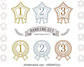 A felt-tip pen style hand-painted illustration set for ranking. Star medal with two ribbons. And a circular medal with two ribbons.