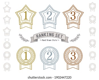 A felt-tip pen style hand-painted illustration set for ranking. Star medal with ribbon. And a circular medal with a ribbon.