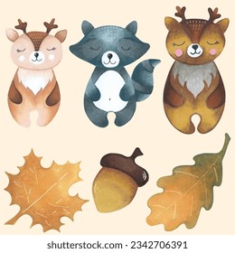 felt-tip pens drawing of a watercolor cute cartoon deer, raccoon, leaves and acorn
