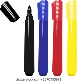 Felt-tip pens markers of four primary colors. Sale and advertising of markers and drawing with them. Felt-tip pen for drawing courses. Set of markers with a cap for children.