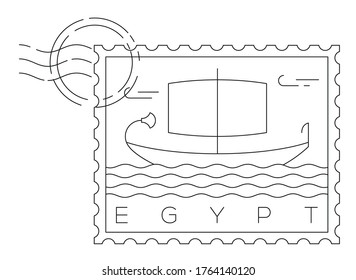 Felucca (Ancient Egyptian Boats) stamp minimal linear vector illustration and typography design, Egypt