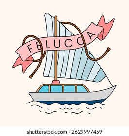 Felucca boat sailing close to the beach in a vintage line art style, reflecting calm summer seaside holiday moments. Perfect for summer cards, posters, websites, merchandise, decor