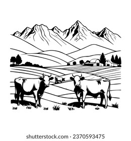 Fem with cows against the backdrop of mountains.
