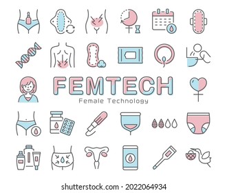 FEM TECH vector icon set.  line icon on white background.