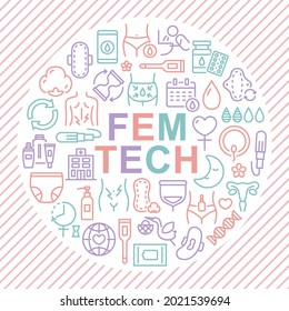 FEM TECH Vector Logo Design.  Line Icon On Round Shaped.