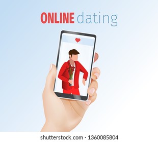 Female 3d Realistic Hand Holding Mobile Phone with Man Screen Date App Vector Illustration. Online Internet Dating Service Application for Love Date Flirting Romance Communication Concept