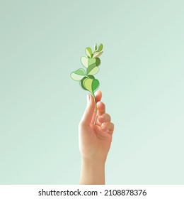 A female 3D volumetric hand holds a twig with leaves drawn in a flat style. The concept of a combination of opposite styles, spa, ecology or environmental protection. Vector realistic illustration