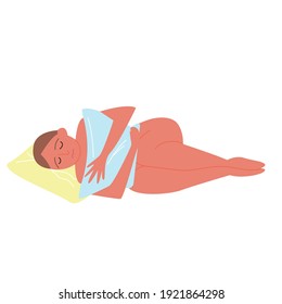 Female abdominal pain in PMS. Vector hand-drawn illustration of a sad girl with a pillow in her hands, hormonal failure. The concept of women's health. Feminine design. Premenstrual syndrome.