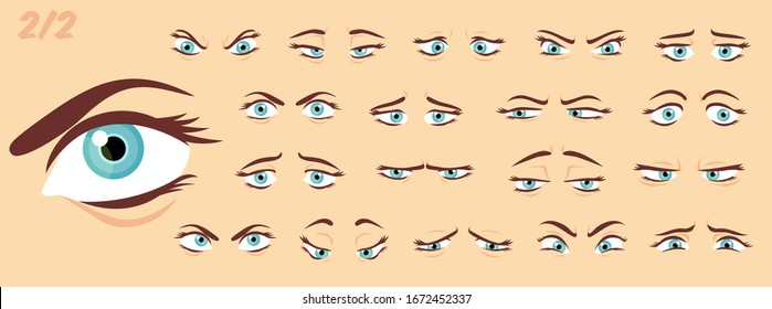 Female abstract cartoon eyes  eyebrows  eyelashes expression variations  emotions collection set 2/2  vector illustration