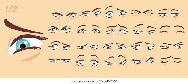 Female abstract cartoon eyes  eyebrows  eyelashes expression variations  emotions collection set 1/2  vector illustration