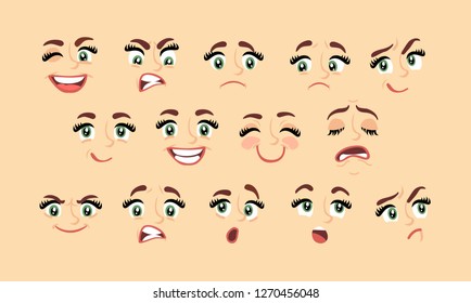 Female Abstract Cartoon Face Expression Variations, Emotions Collection Set, Vector Illustration