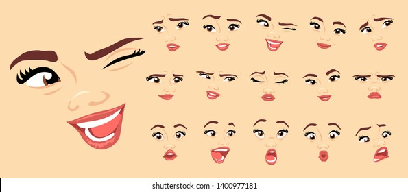 Female Abstract Cartoon Face Expression Variations, Emotions Collection Set #1, Vector Illustration