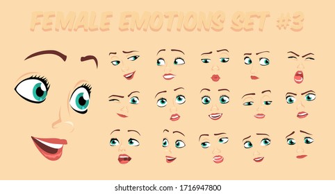 Female Abstract Cartoon Face Expression Variations, Emotions Collection Set #3, Vector Illustration