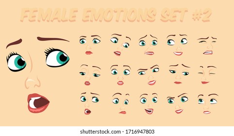 Female abstract cartoon face expression variations, emotions collection set #2, vector illustration