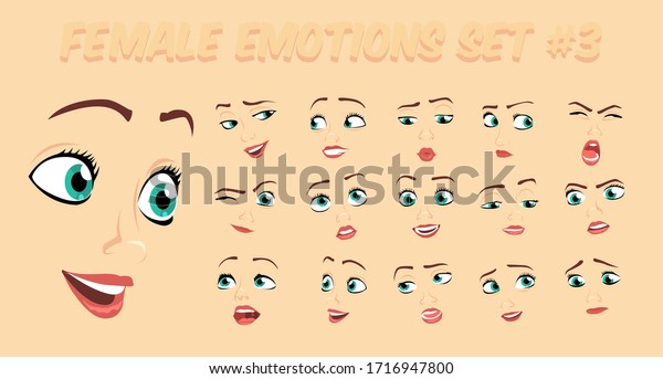 Female abstract cartoon face\
expression variations, emotions collection set #3, vector\
illustration