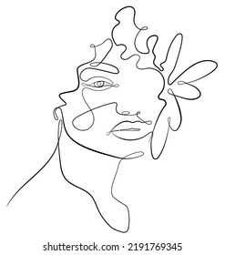 Female abstract face. Portrait. Drawing of a female face in a minimalist line style. Fashionable illustration for cosmetics. Continuous line Art. Fashionable minimal print.