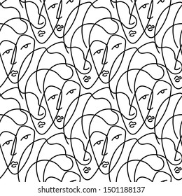 Female abstract faces vector seamless pattern. Line art. White and black background.