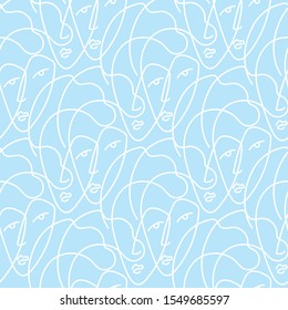Female abstract faces vector seamless pattern. Line art. Blue background.