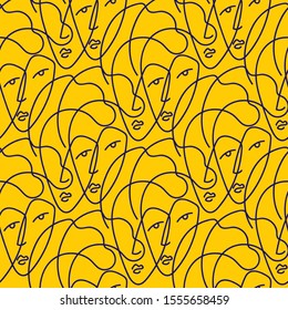 Female abstract faces vector seamless pattern. Line art. Yellow background.