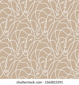 Female abstract faces vector seamless pattern. Line art. Beige background.