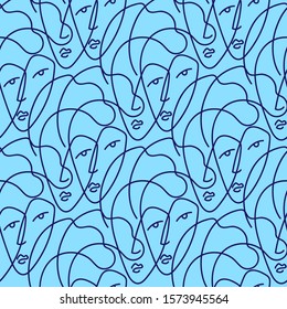 Female abstract faces vector seamless pattern. Line art. Blue colors.