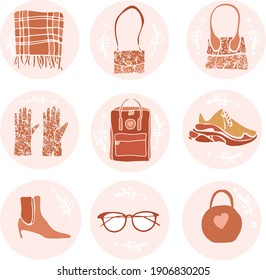 Juego de iconos de accesorios femeninos. Gran colección de pegatinas vectoriales de diseño moderno. Diferentes íconos con zapatos, guantes y zapatos, y bolsa.