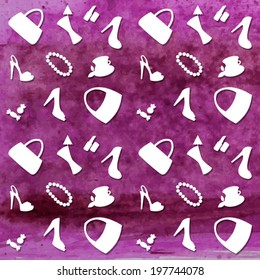 Female accessories pattern white objects and pink watercolor background.