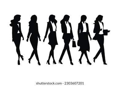 Female accountant and office employee silhouette set vector. Businesswomen silhouette bundle standing in different positions. Modern female model collection wearing suits and with anonymous faces.