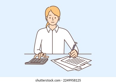 Female accountant take notes on paper count on calculator sitting at office desk. Woman employee or worker busy calculating expenses on machine. Vector illustration. 