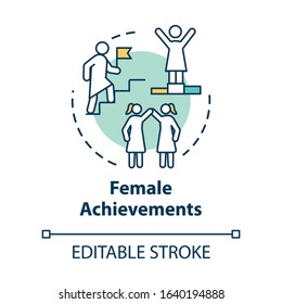 Female achievements concept icon. Womens accomplishments. Professional success. Feminism. Woman power idea thin line illustration. Vector isolated outline RGB color drawing. Editable stroke