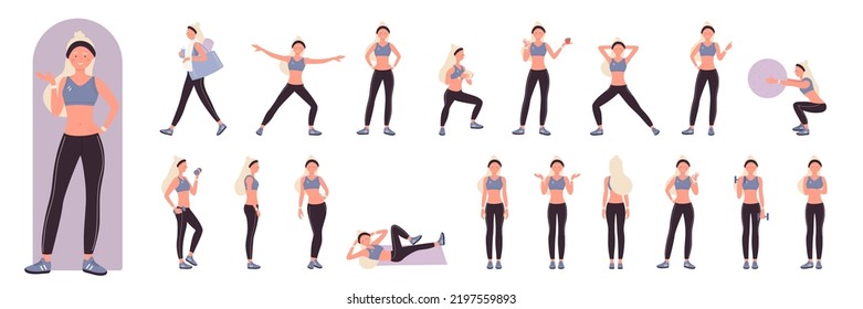 La entrenadora deportiva activa femenina se sitúa en la ilustración de los vectores frontales, laterales y traseros. Mujer activa en caricatura haciendo ejercicios aeróbicos sanos o pilates en el gimnasio, entrenamiento de estiramiento aislado en blanco