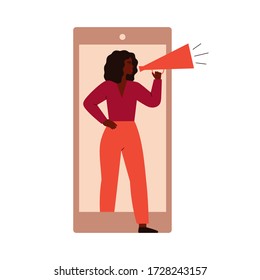 Female Activist Protests From The Cell Phone Screen. Young Black Woman Holds Megaphone And Tells Her Speech. Vector Illustration